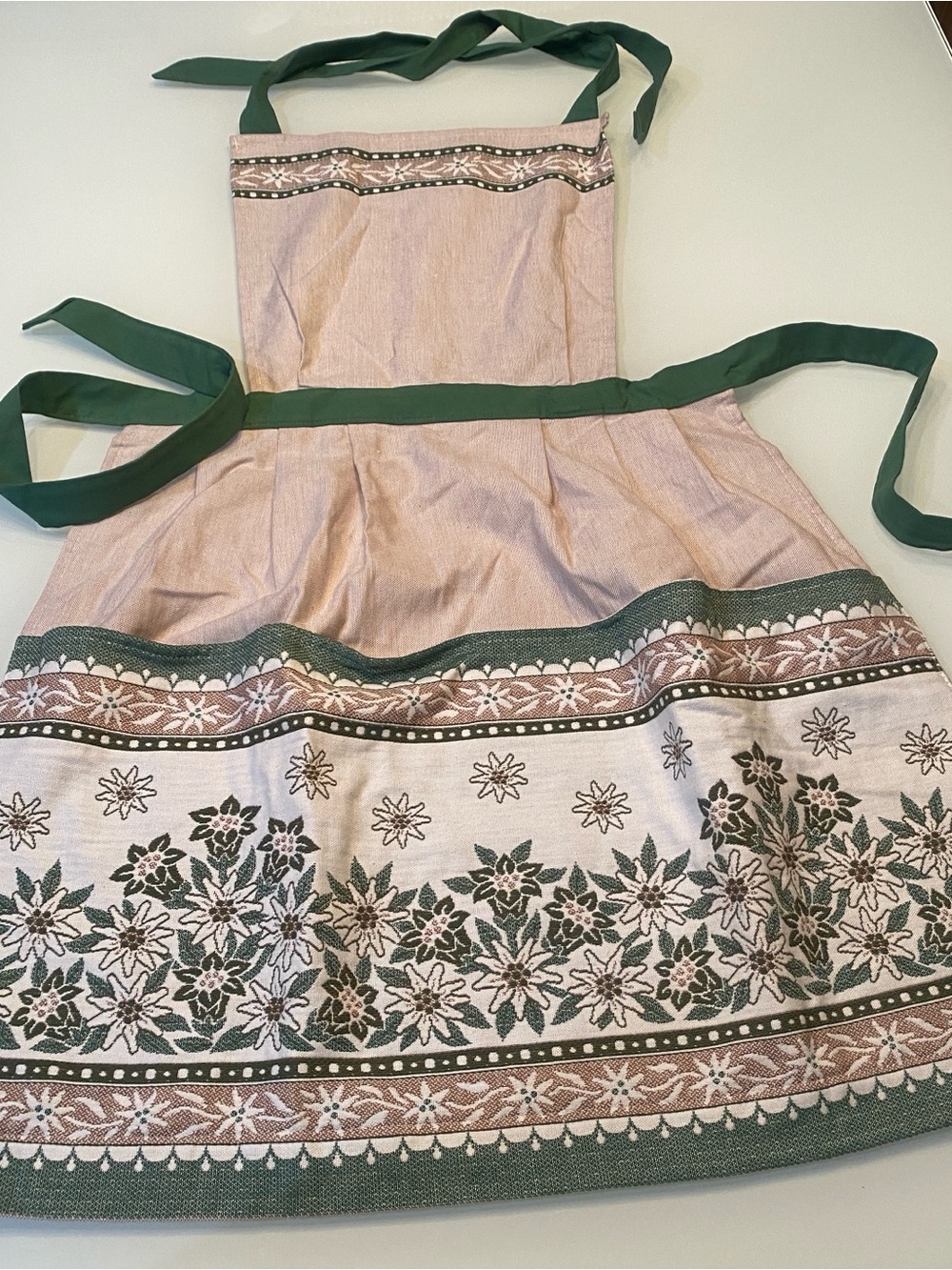 Vintage Made in Austria Edelweiss Folk Art Cotton Bib Apron Green Beige Pocket